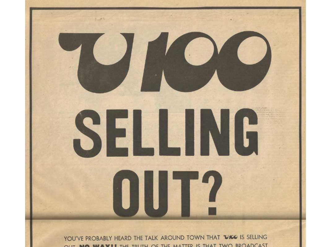A newspaper ad with the words " u 1 0 0 selling out ?" written in black lettering.