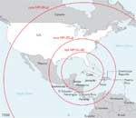 A map of the united states with three circles around it.