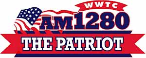 A red white and blue logo for radio station
